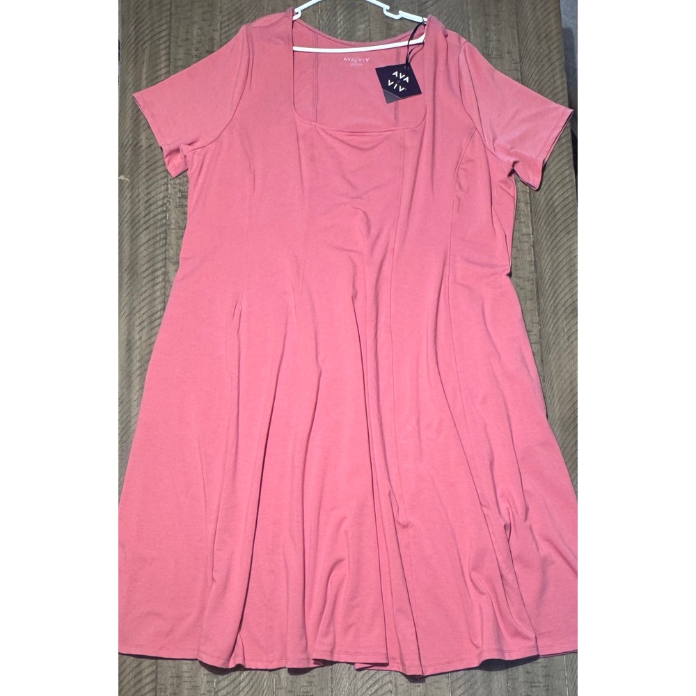 Ava & Viv Women 4X Pink Square Neck Short Sleeve A-Line Knit Dress NWT